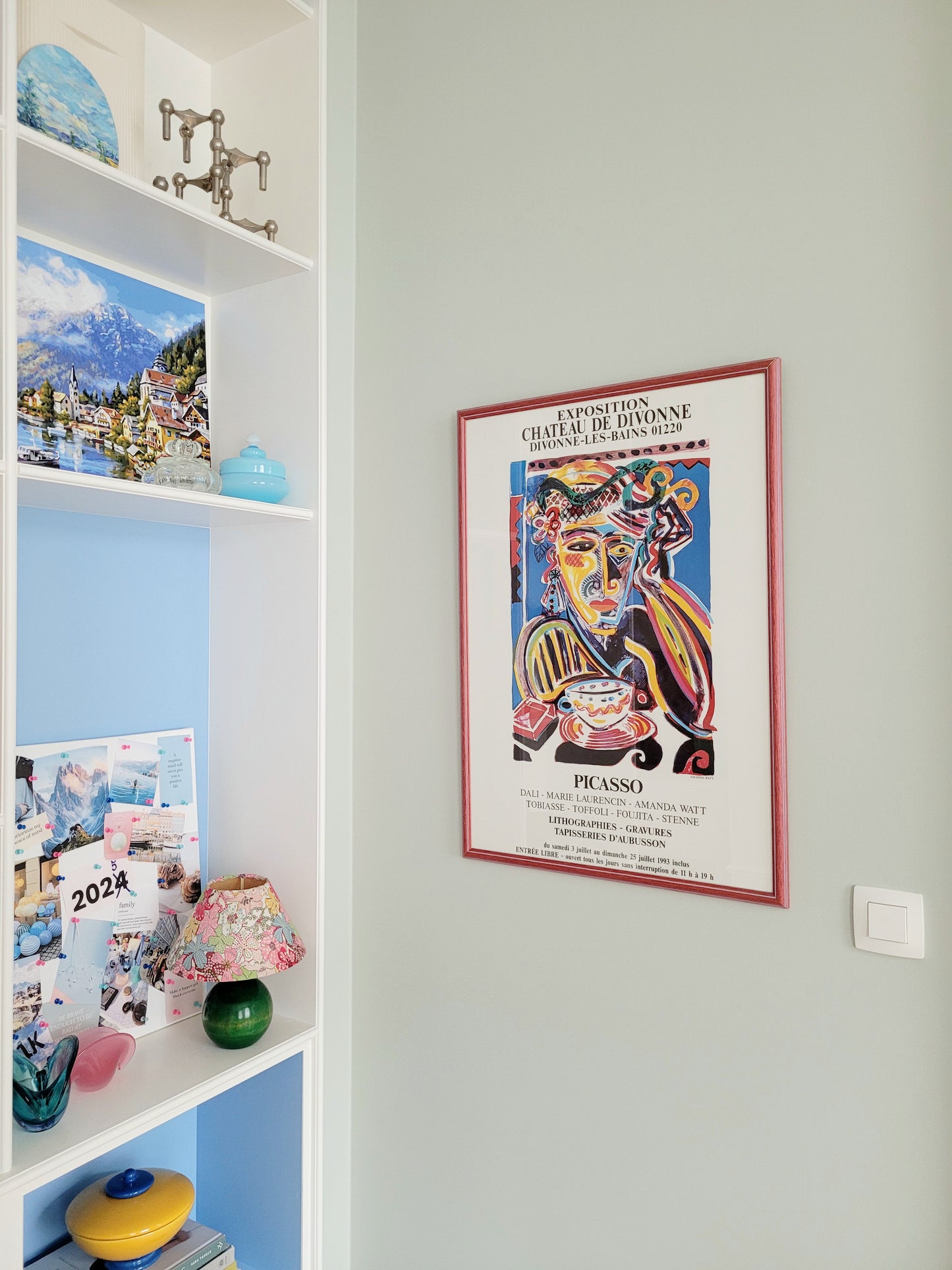 side view of a 1993 art exhibition poster for artists like Picasso, Amanda Watt, Dali, Marie Laurencin, Divonne-les-Bains, France