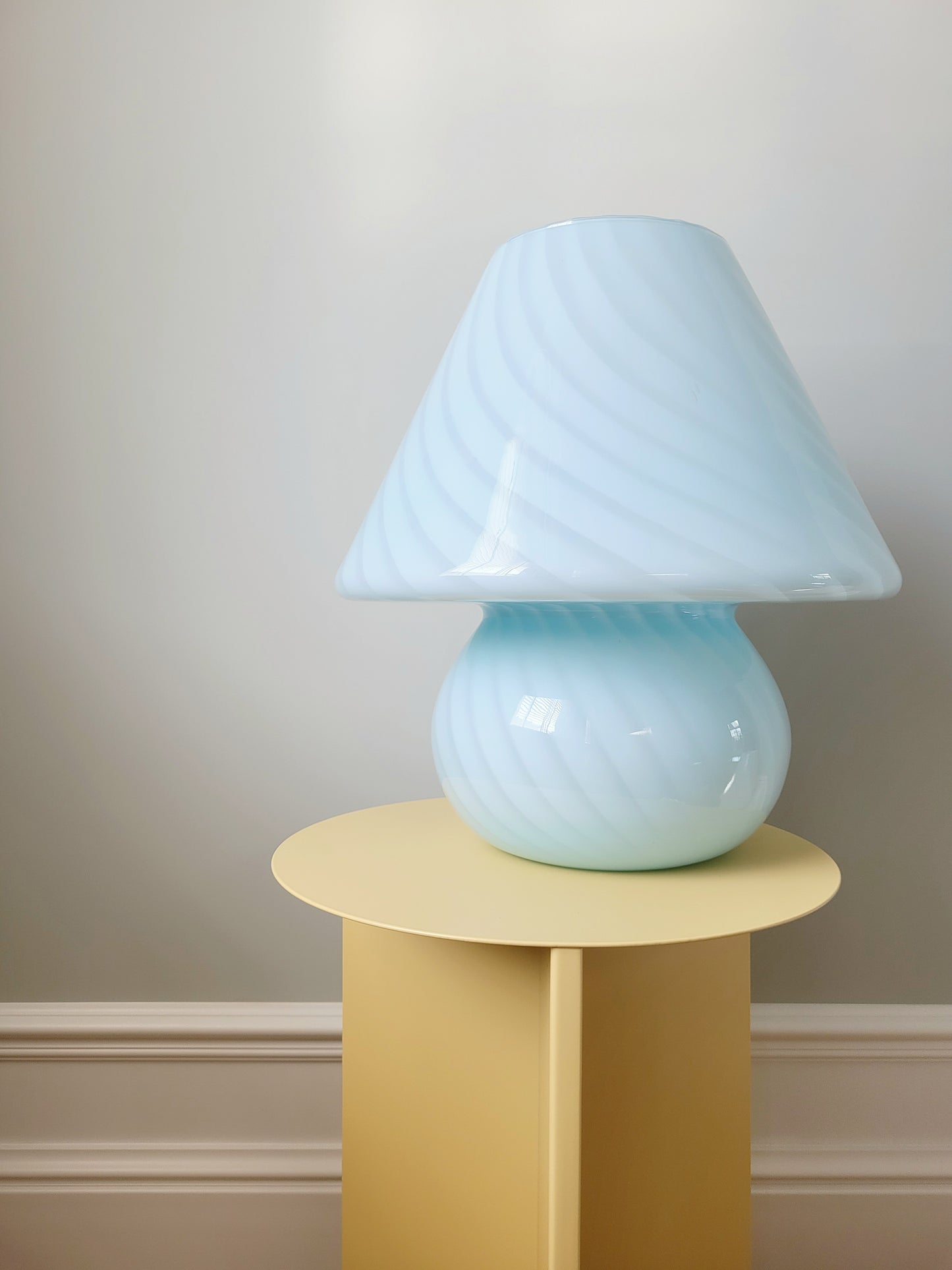 full view of a large vintage Murano blue swirl mushroom lamp