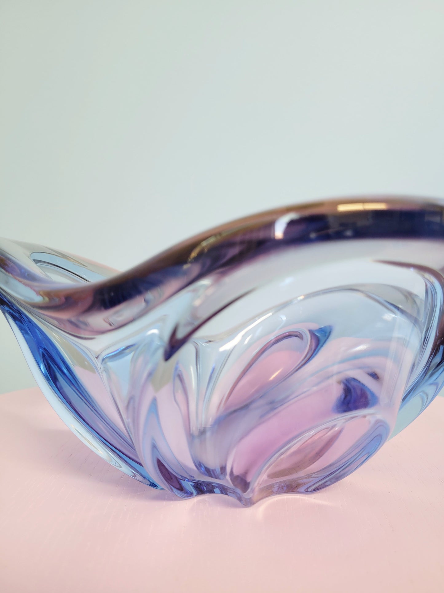 detail of a unique blue and pink glass bowl
