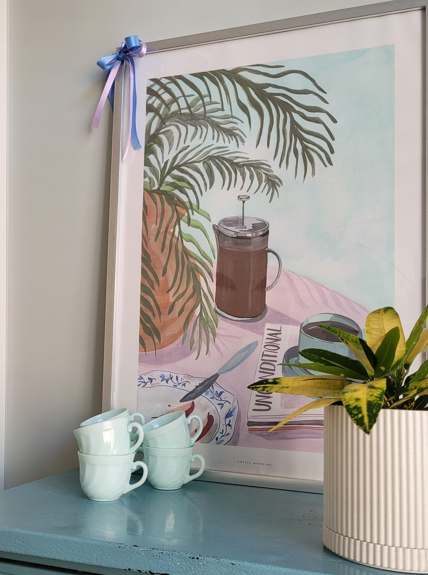 side view of six Arcopal France opaline cups for coffee or tea