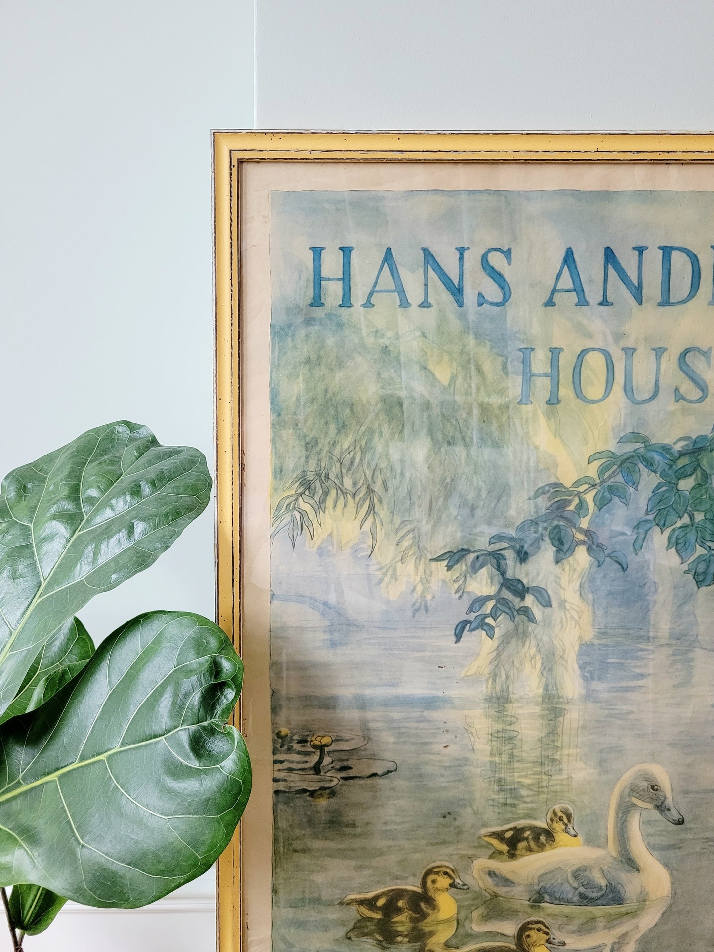 detail of a yellow framed authentic original vintage travel poster for the Hans Christian Andersen's House in Odense Denmark