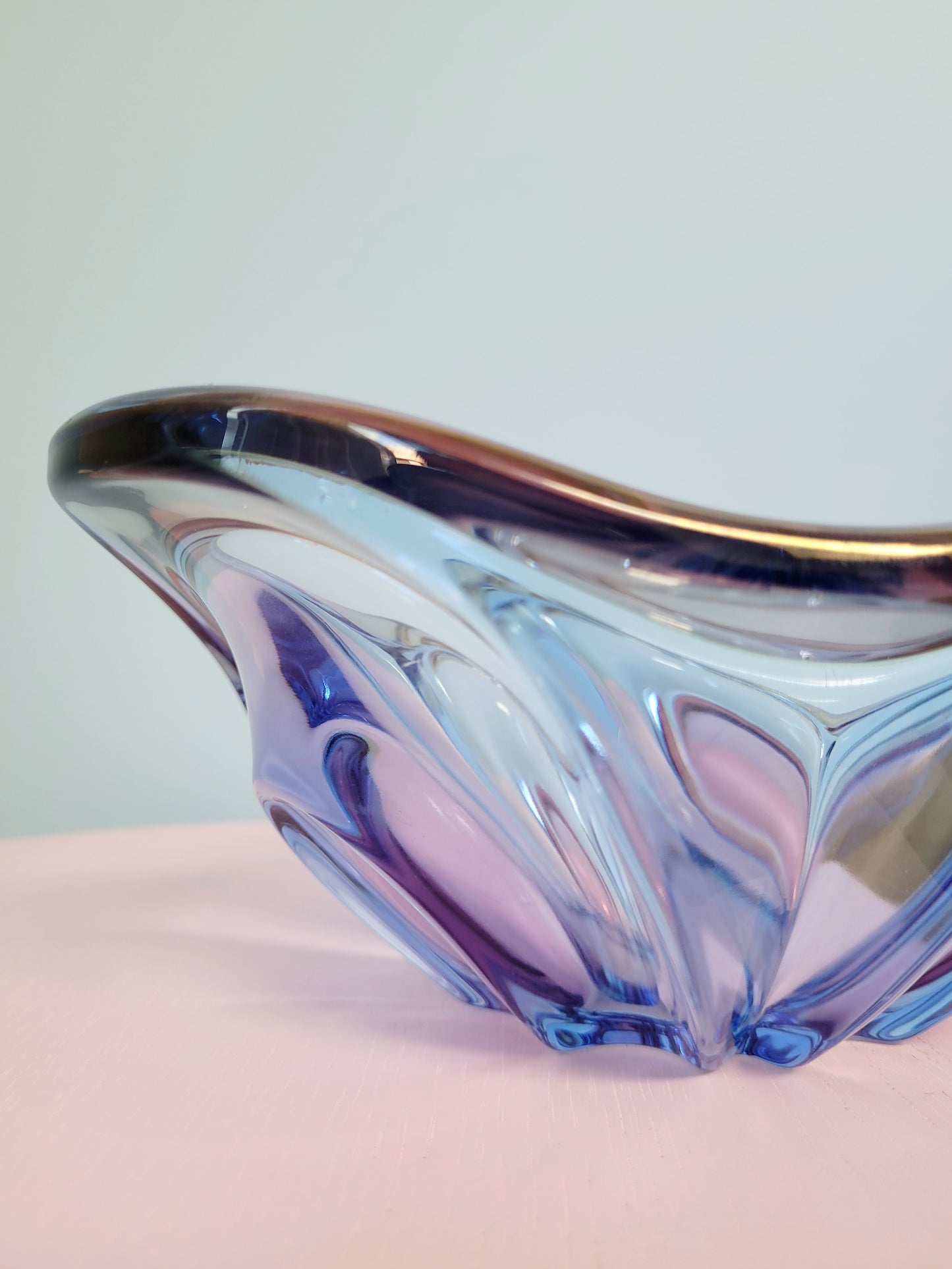 detail of a unique blue and pink glass bowl