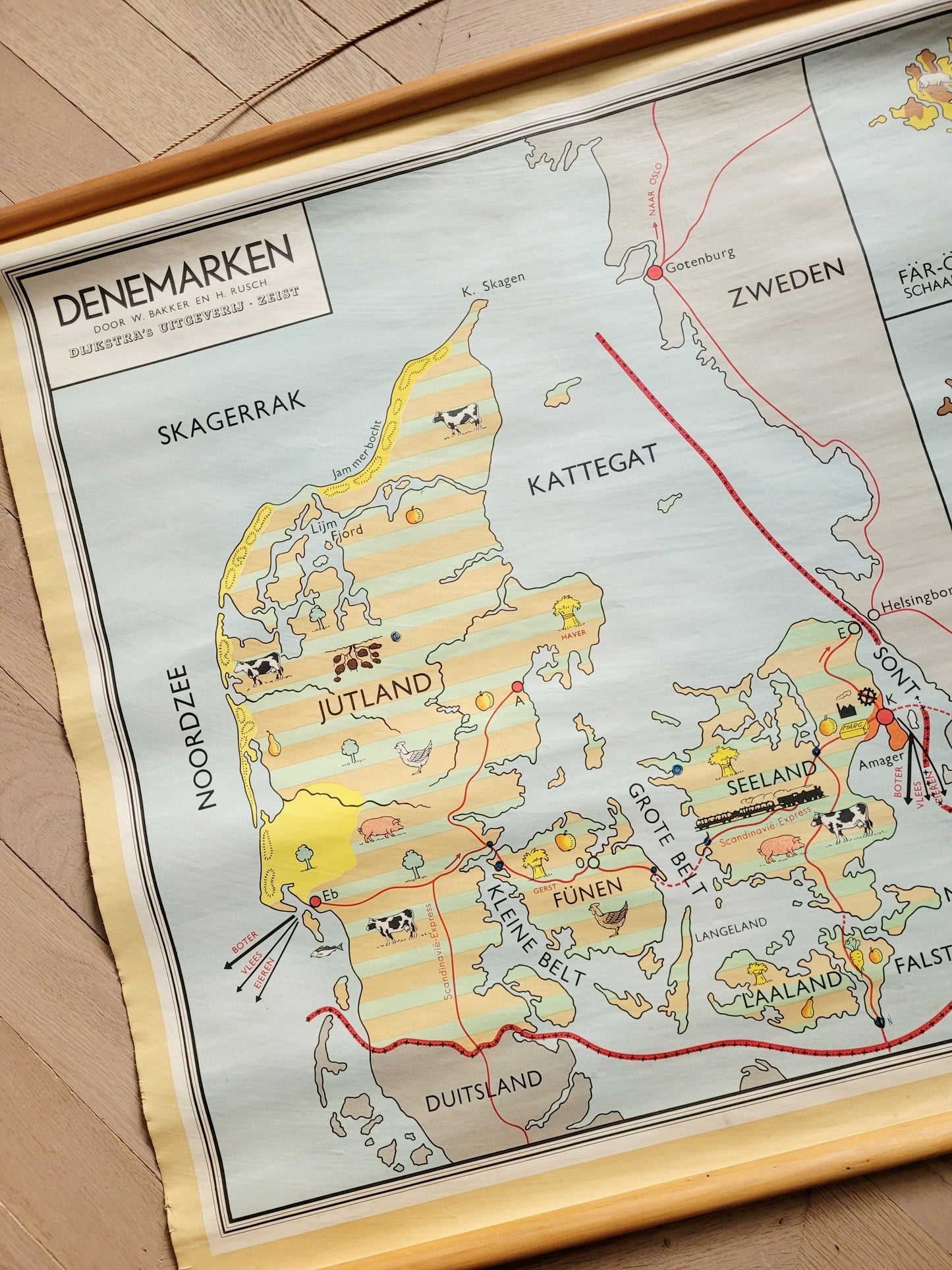 detail of a retro original school poster about Denmark