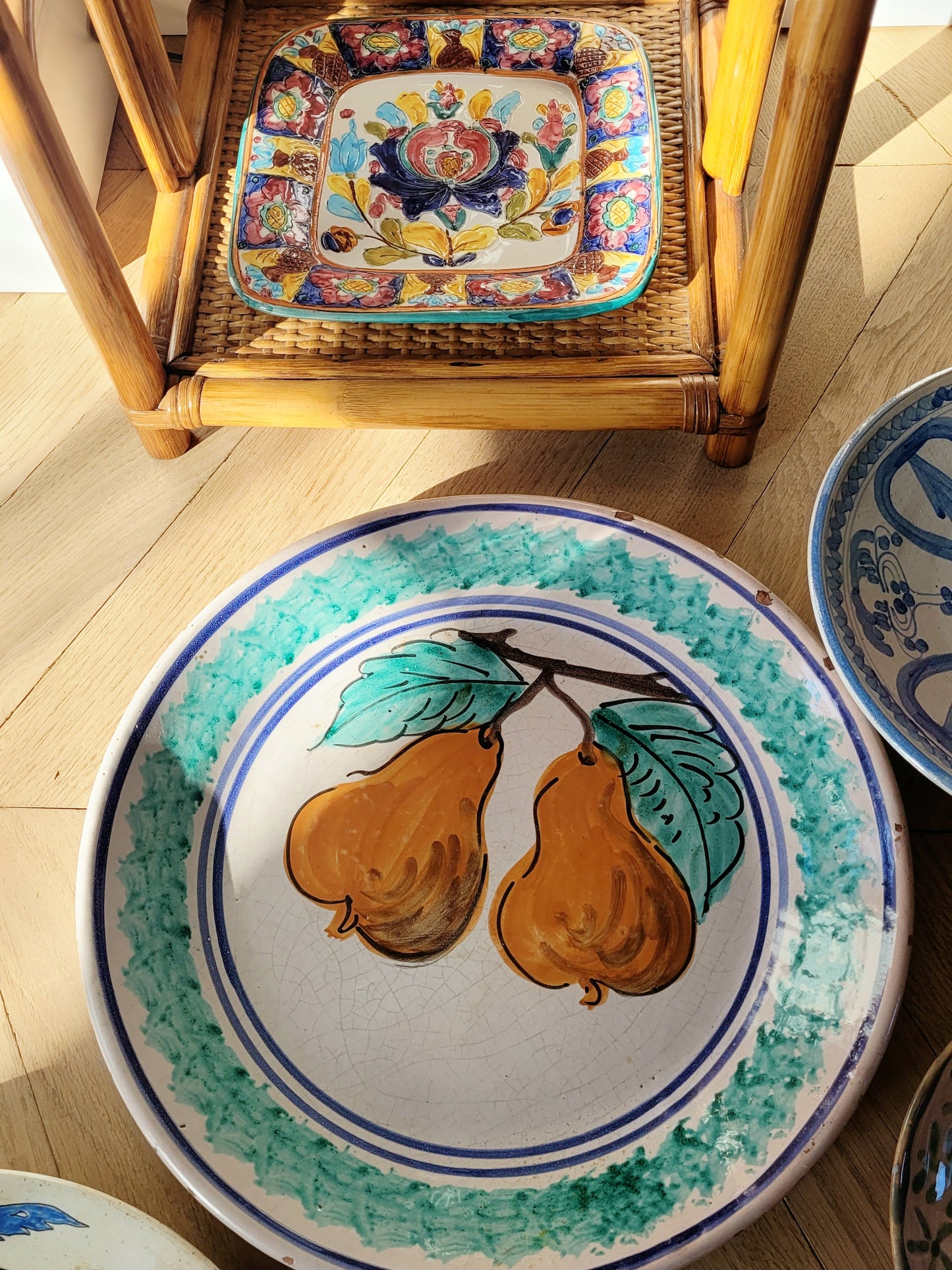 top view of a vintage sicilian ceramic wall plate made in Caltagirone region