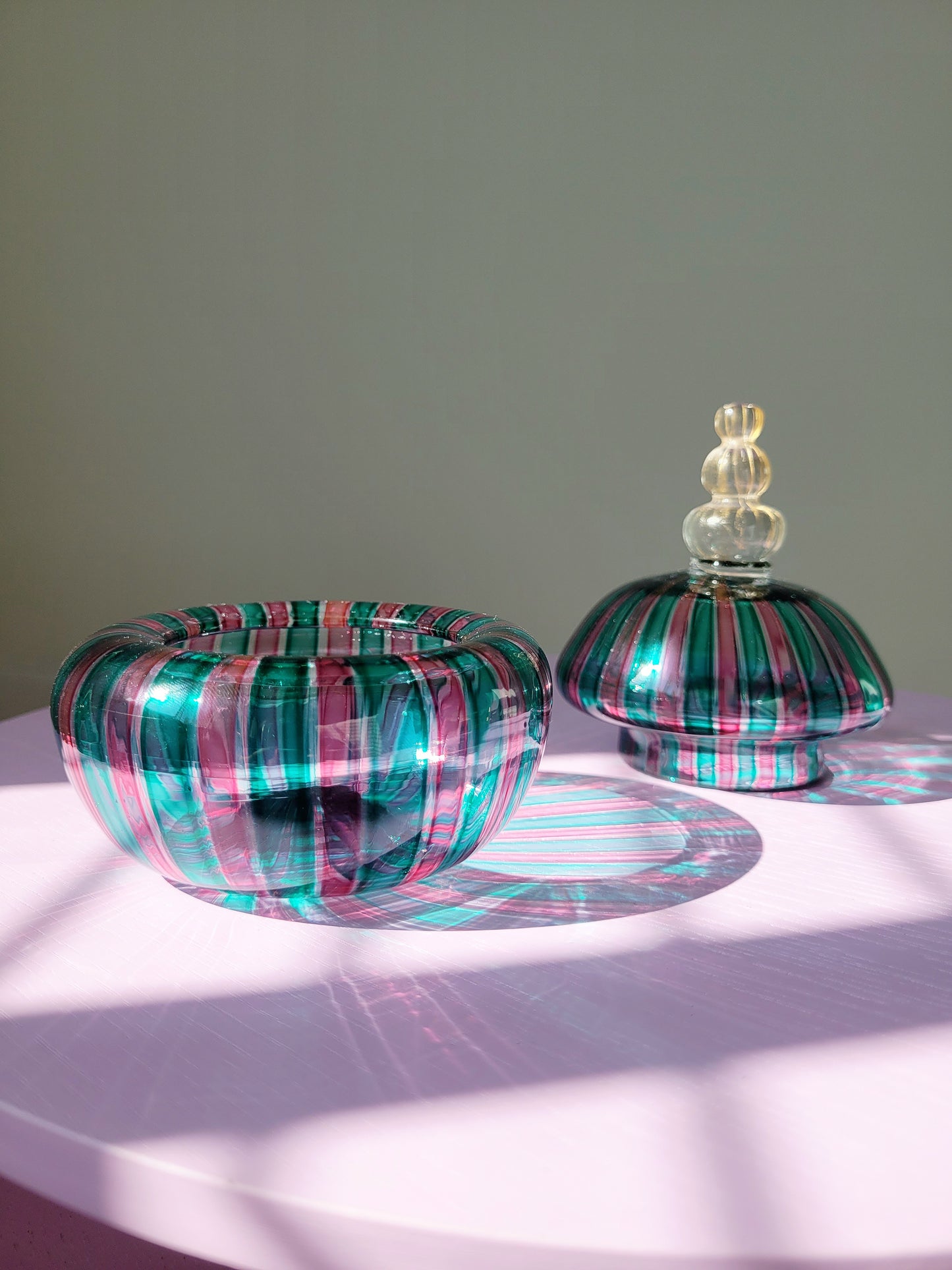 detail of a handcrafted vintage striped Murano bonbonniere