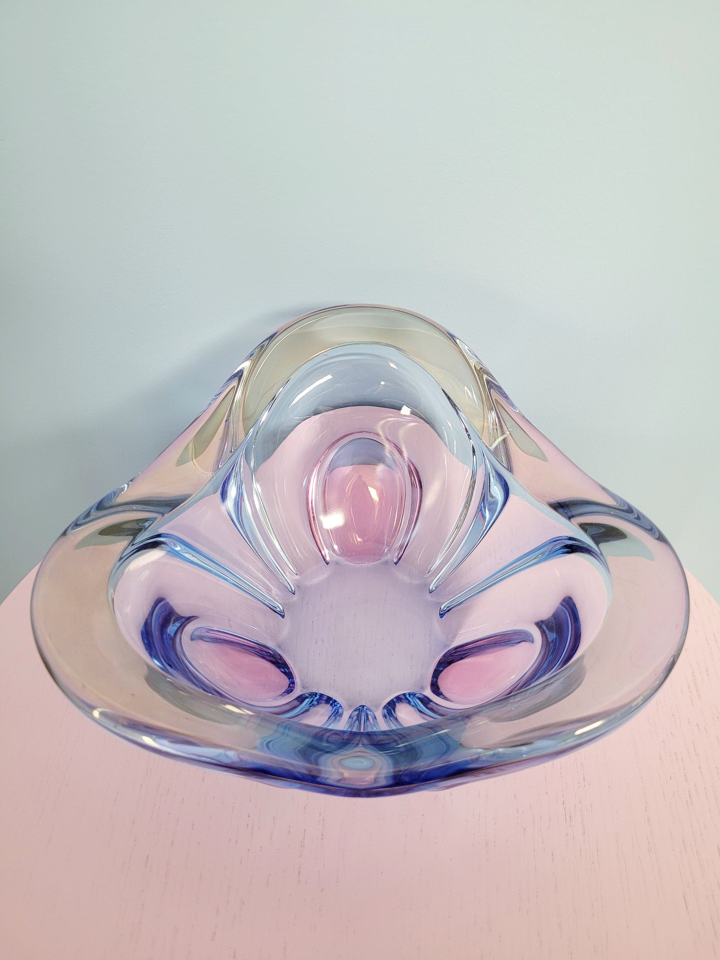 top view of a unique blue and pink glass bowl