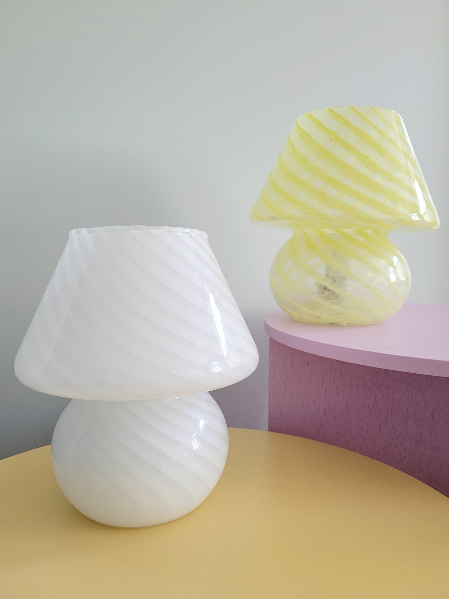 full view of small colourful vintage Murano mushroom table lamps with yellow and white swirls