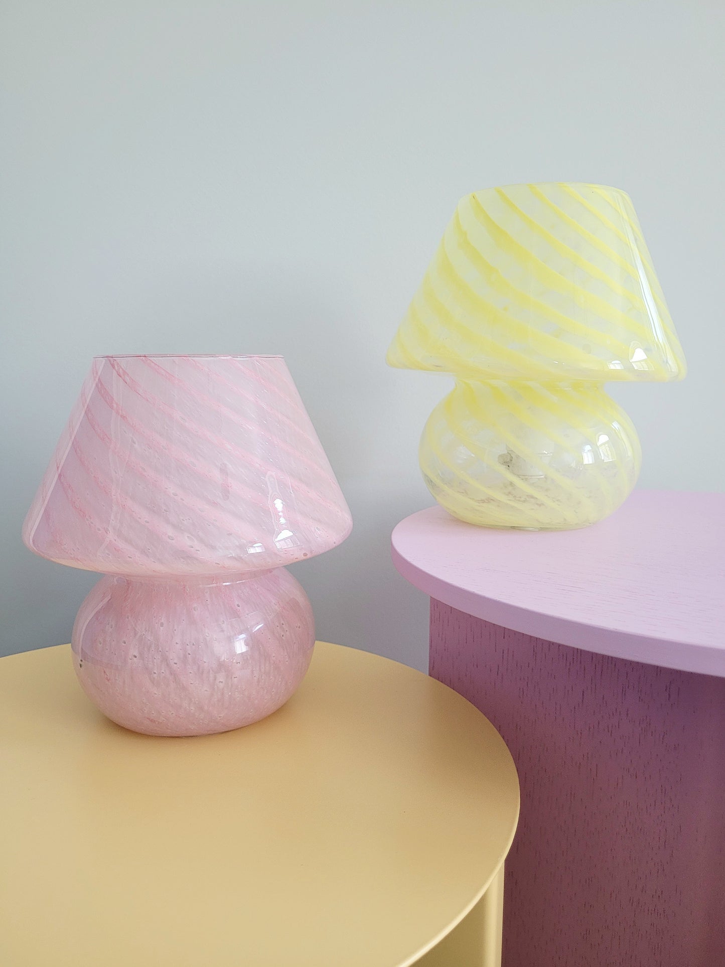 full view of small colourful vintage Murano mushroom table lamps with yellow pink swirls