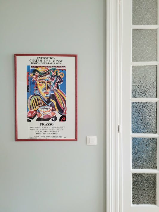 full view of a 1993 art exhibition poster for artists like Picasso, Amanda Watt, Dali, Marie Laurencin, Divonne-les-Bains, France