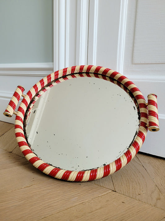 full view of a vintage mirror tray featuring a candy cane stripe design