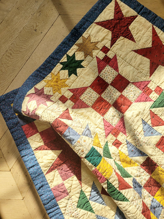 top view of a colourful patchwork quilt with geometrical pattern