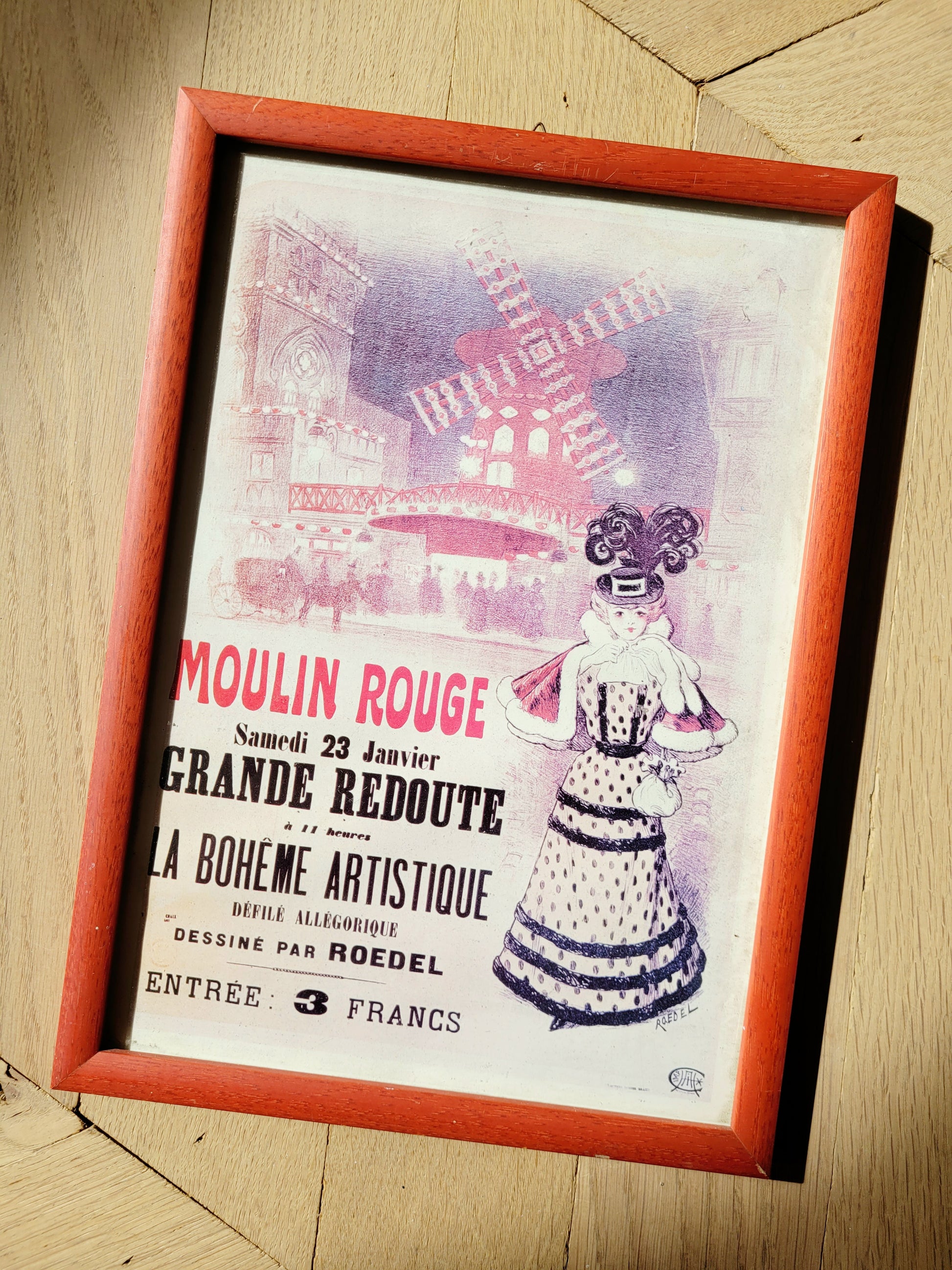top view of a parisian Moulin Rouge poster (incl. frame)