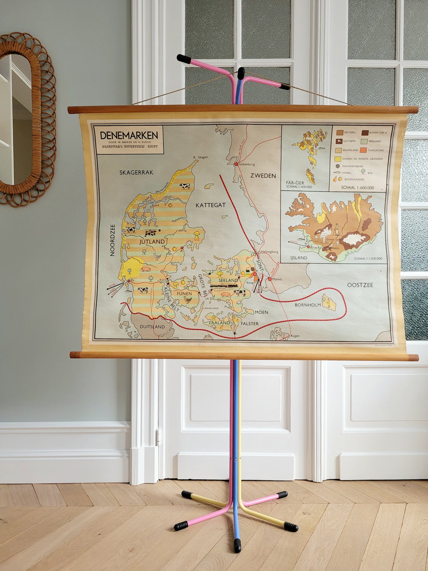 front view of a retro original school poster about Denmark