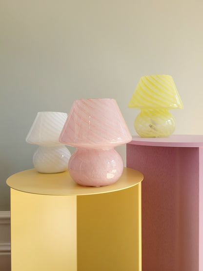 full view of a trio of small colourful vintage Murano mushroom table lamps with yellow pink and white swirls