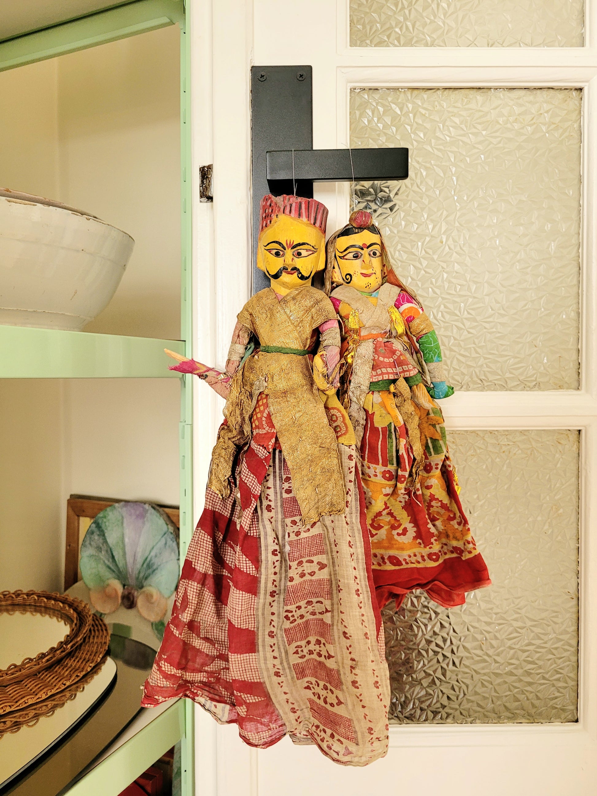 two vintage Asian textile puppet dolls in vibrant colours