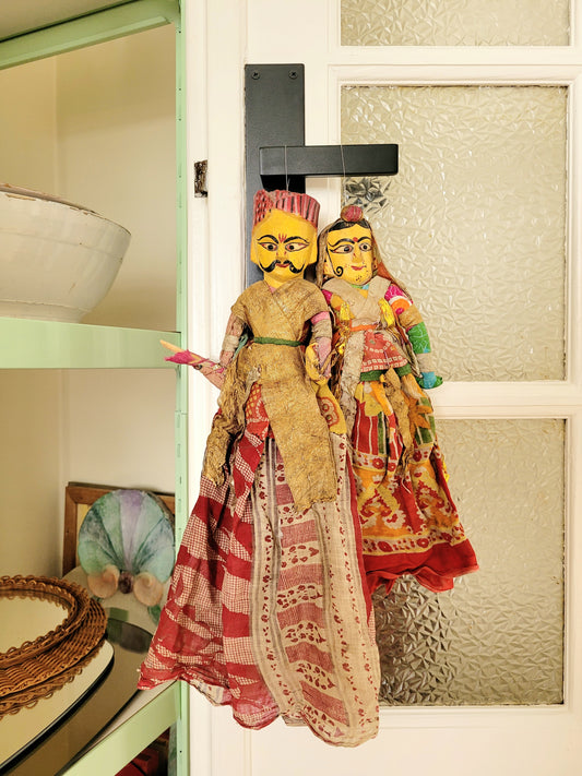 two vintage Asian textile puppet dolls in vibrant colours