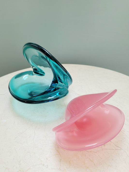 front view of vintage Murano clam bowls in colourful blue and pink 
