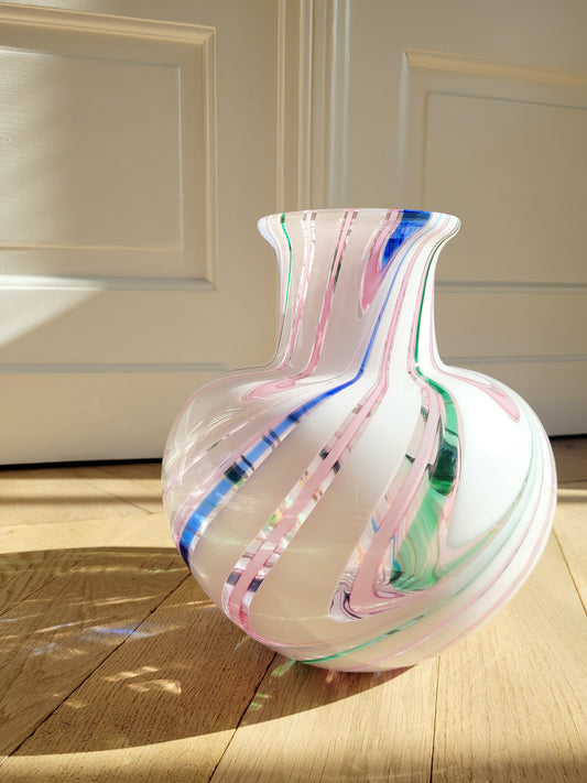 front view of a vintage Michielotto Murano multi swirl vase in a multitude of hues