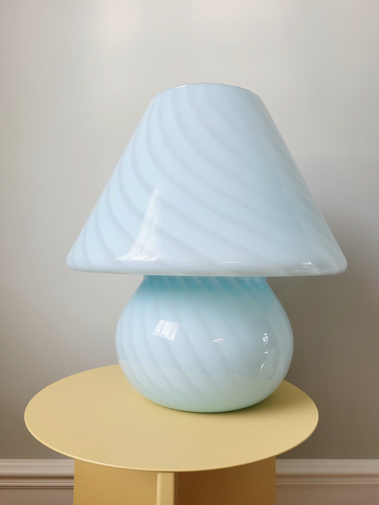 front view of a large vintage Murano blue swirl mushroom lamp