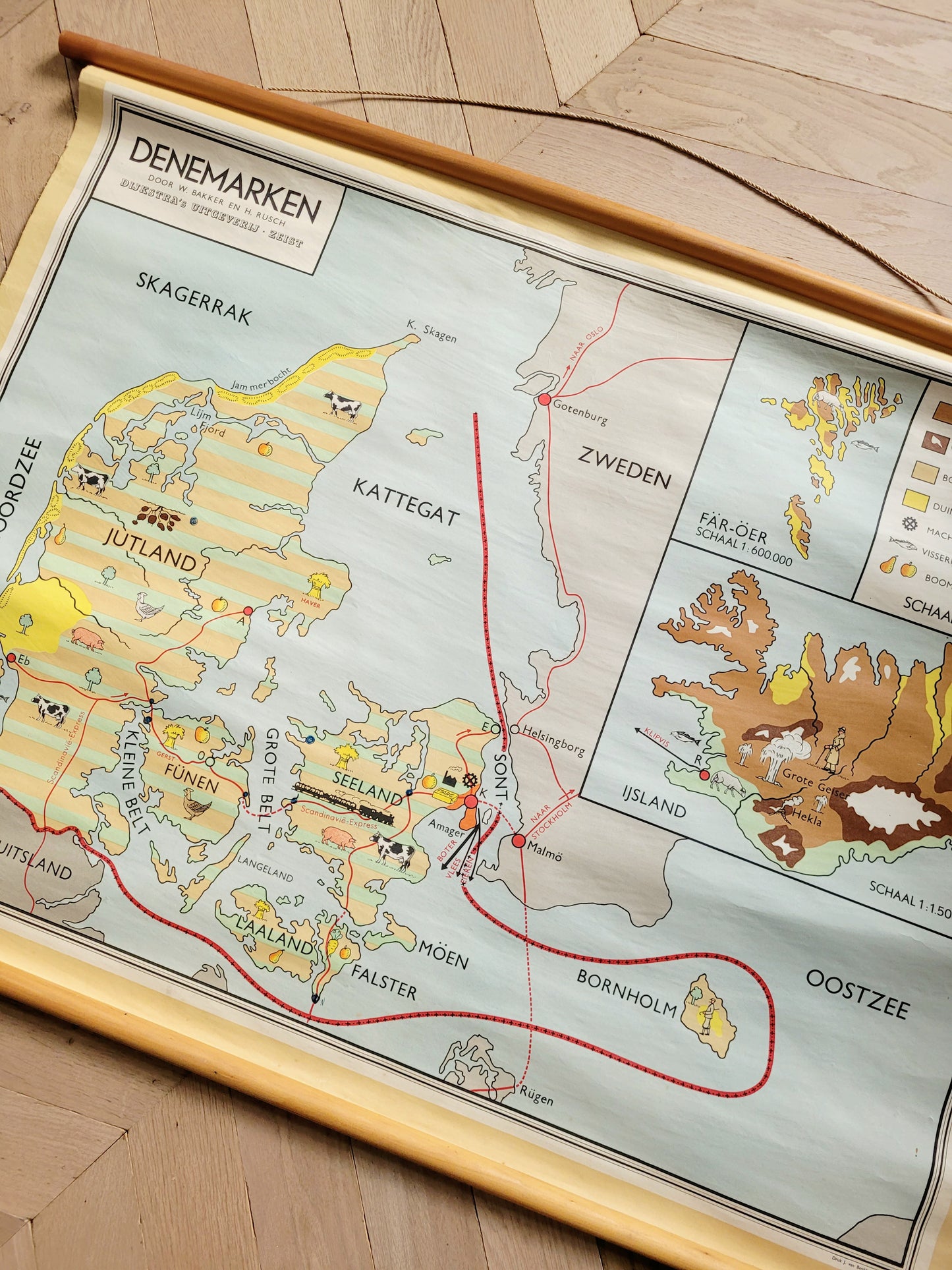 top view of a retro original school poster about Denmark