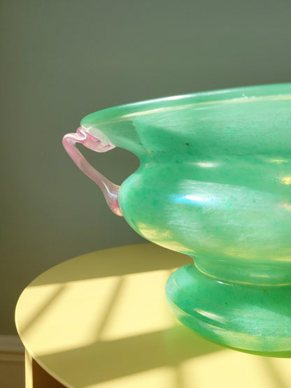 detail of a scavo Murano glass amphora vase in green and pink 