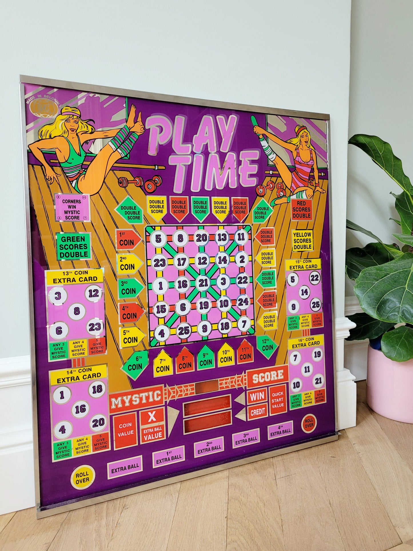 front view of a vibrant retro arcade game back panel display made in Belgium