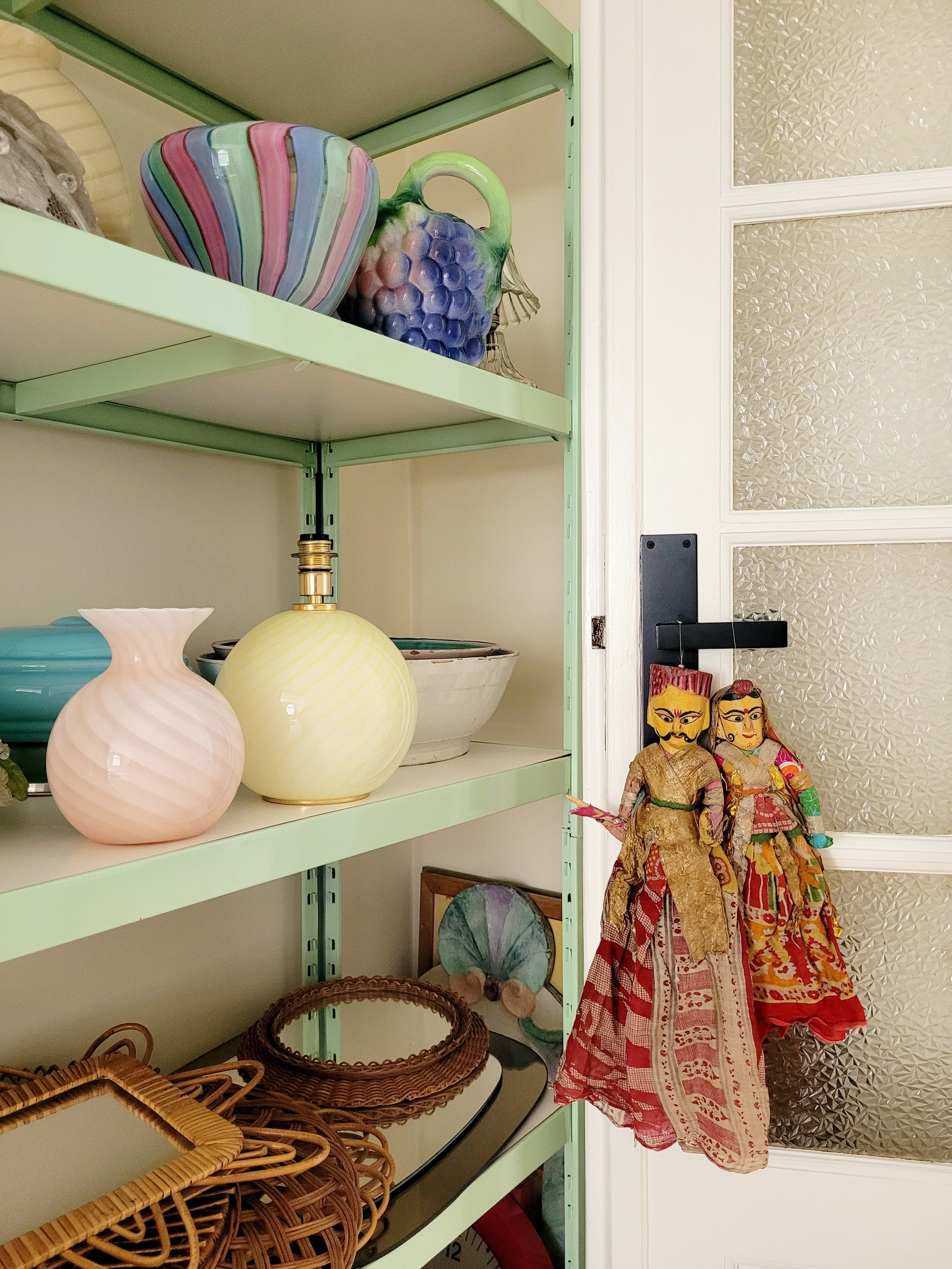 two vintage Asian textile puppet dolls in vibrant colours