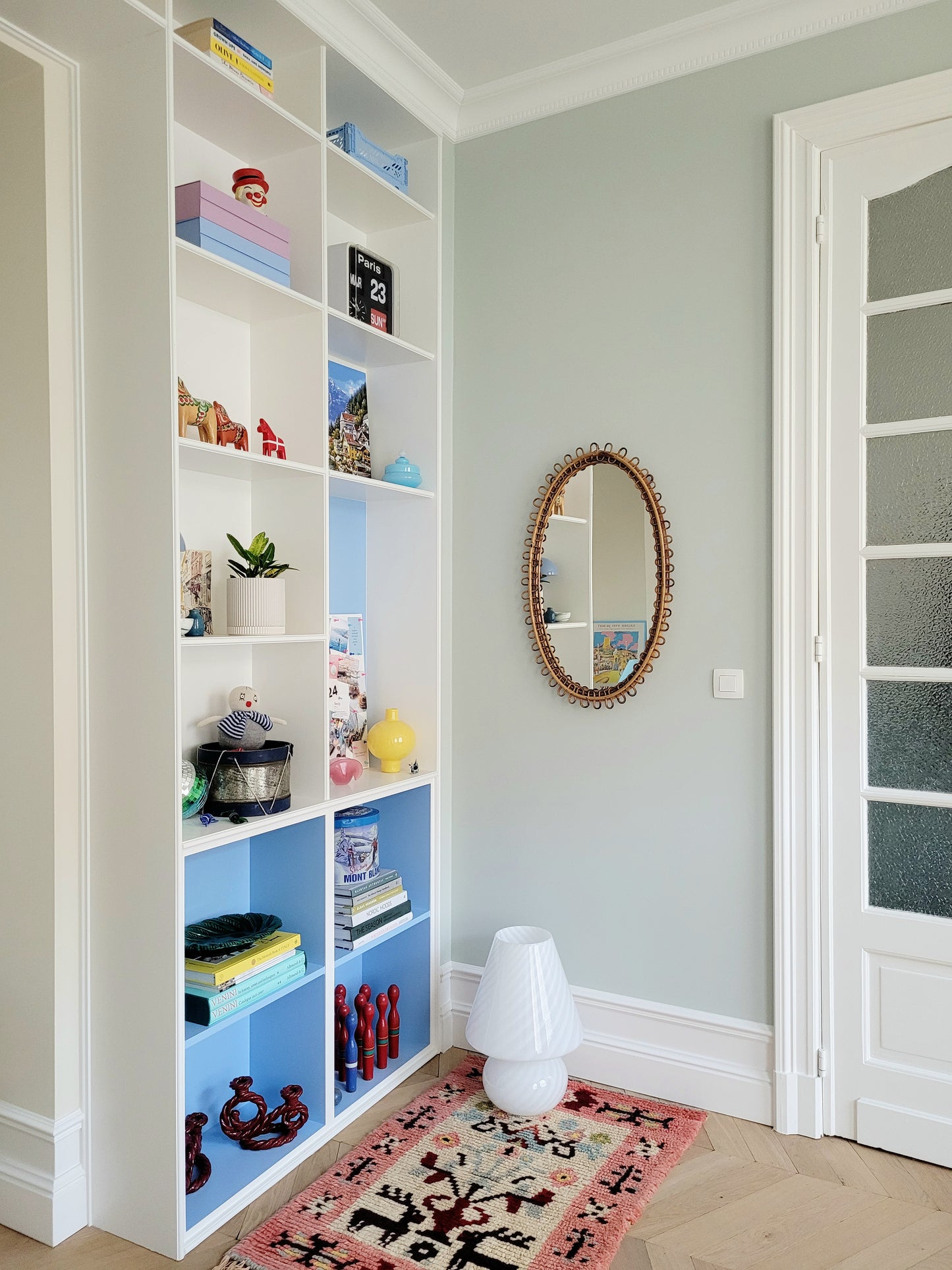 overview of a large vintage oval bamboo loop mirror from Franco Albini