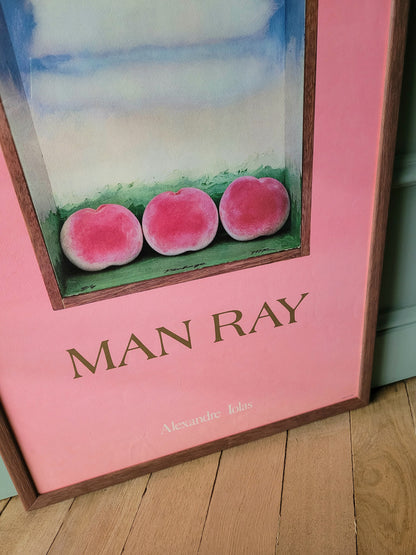 detail of an authentic original exhibition poster from the Man Ray exhibition at the Alexandre Iolas Gallery, depicting his "Three peaches"-work