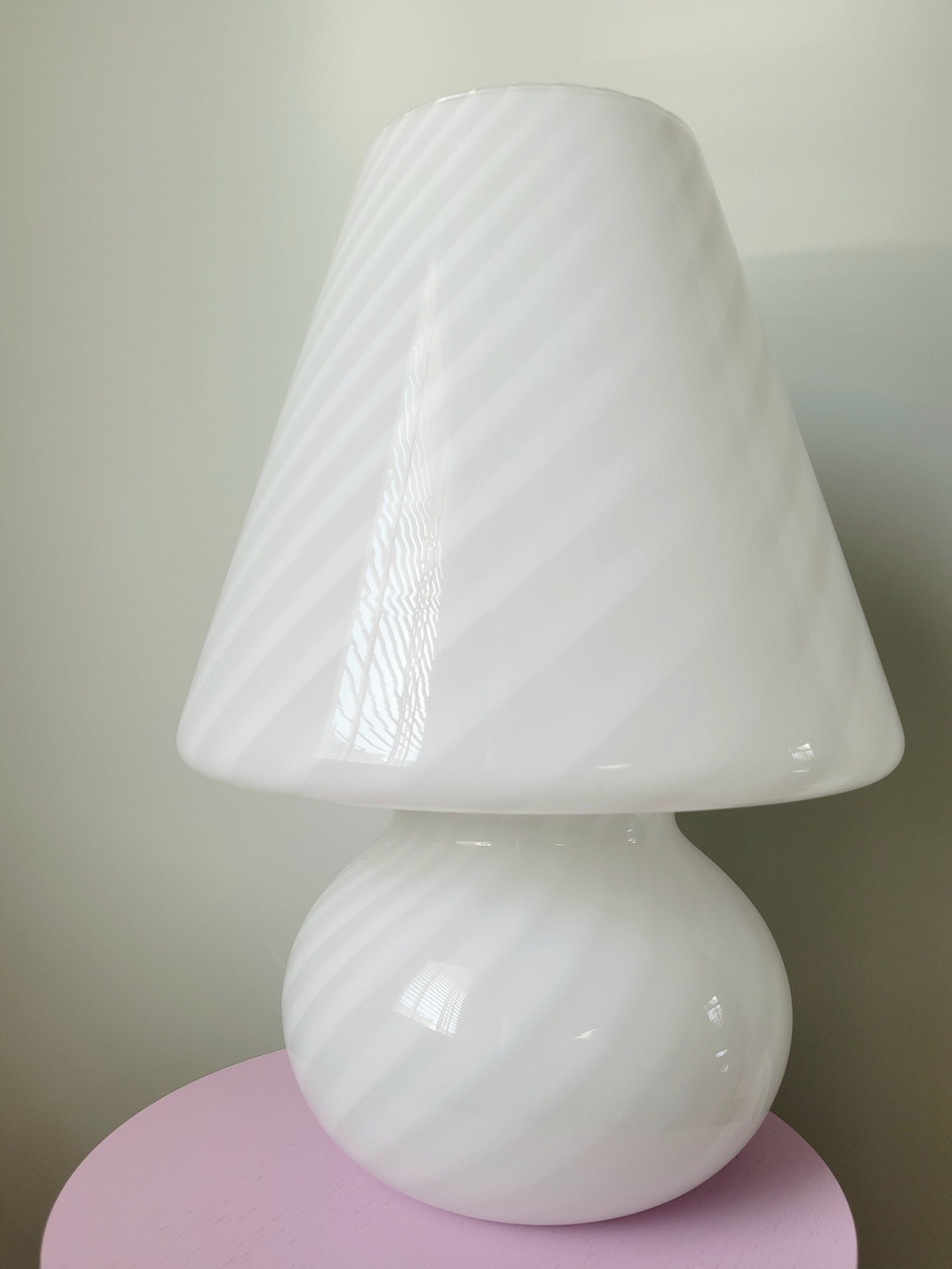 front view of an extra large vintage Murano white swirl mushroom lamp 
