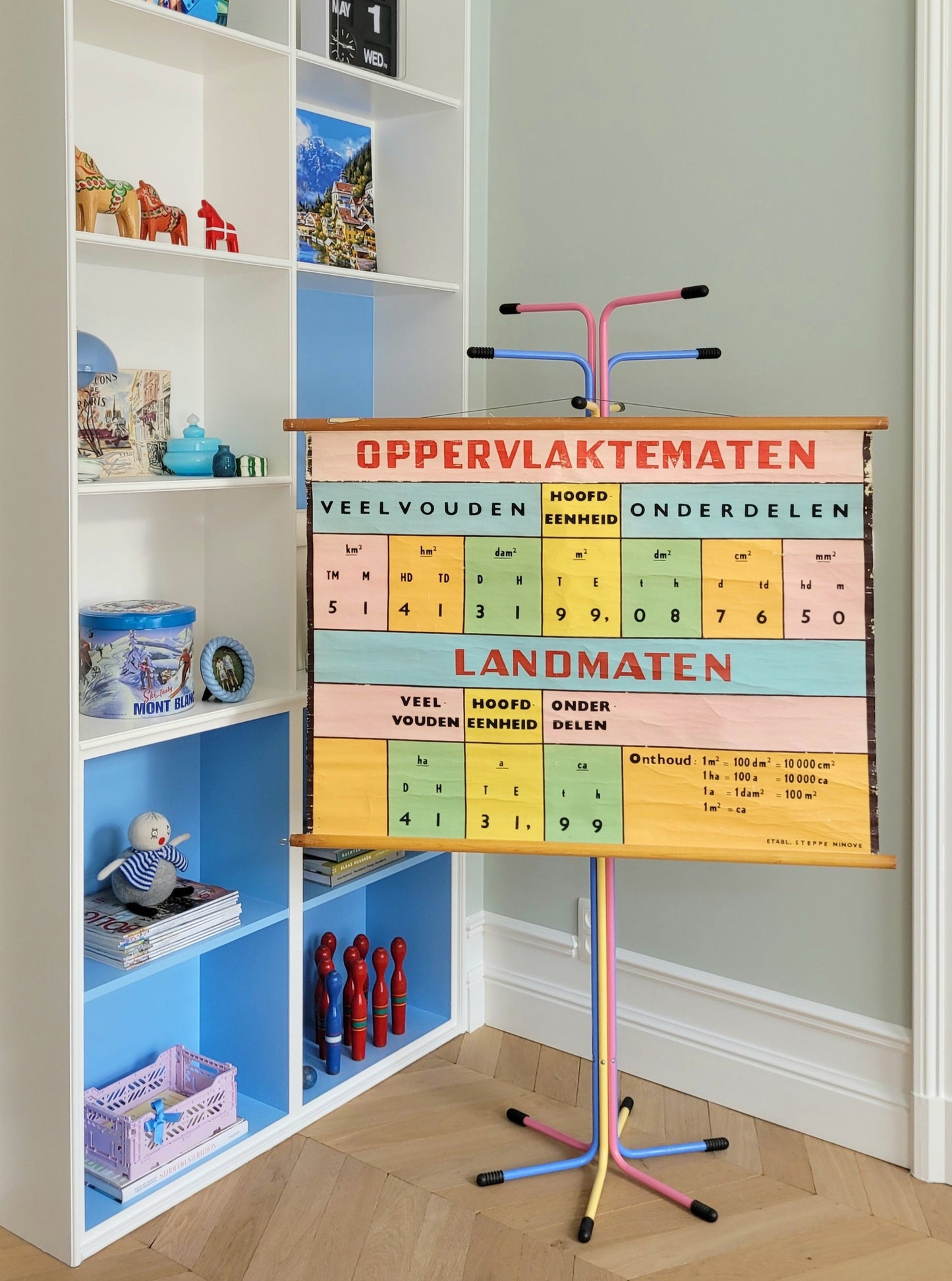 full view of a colourful retro and vintage school poster with measurements and mathematics next to blue cabinets