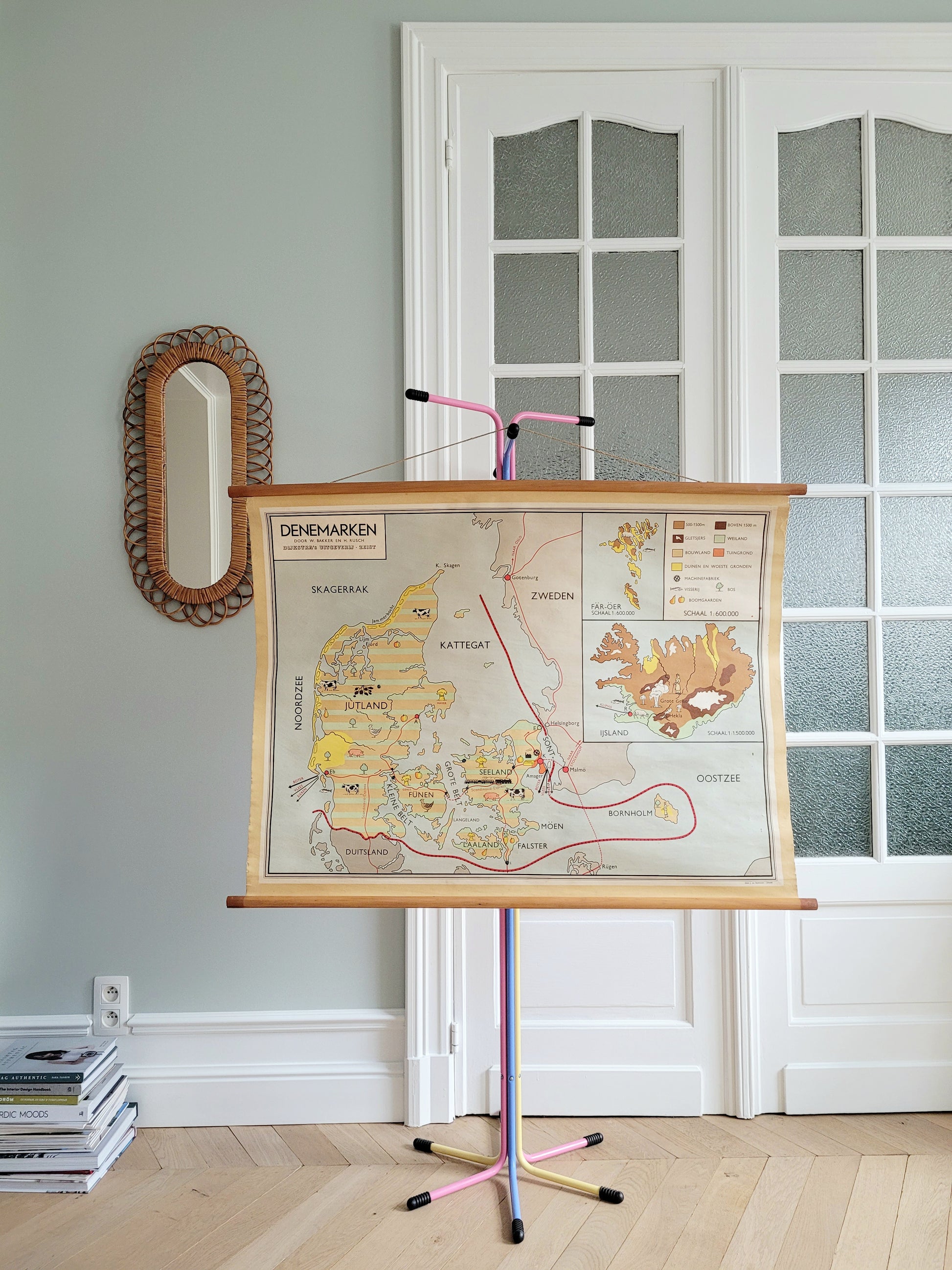 full view of a retro original school poster about Denmark