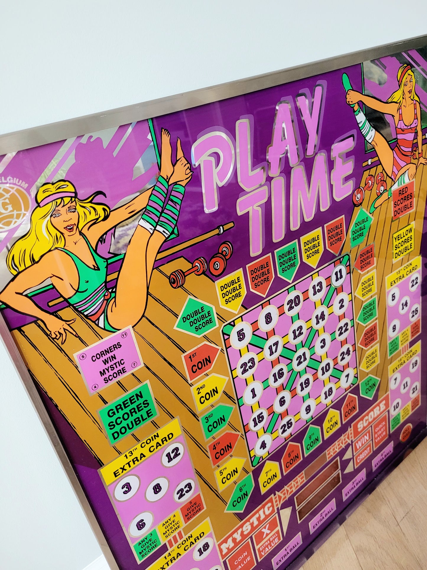 detail of a vibrant retro arcade game back panel display made in Belgium