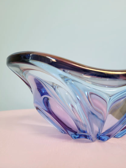 detail of a unique blue and pink glass bowl 