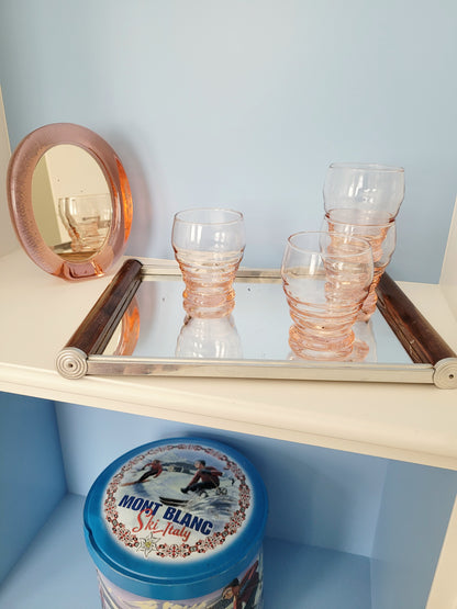 full view of coral art deco drinking glasses 6pc on a mirror tray