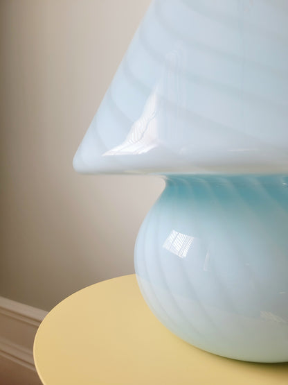 detail of a large vintage Murano blue swirl mushroom lamp