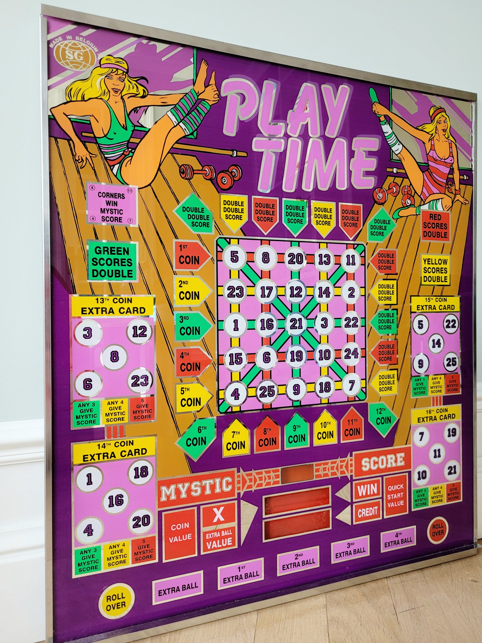 front view of a vibrant retro arcade game back panel display made in Belgium