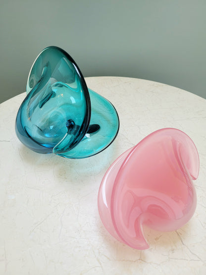 top view of vintage Murano clam bowls in colourful blue and pink 