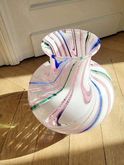 side view of a vintage Michielotto Murano multi swirl vase in a multitude of hues