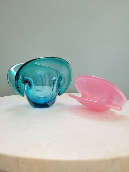 side view of vintage Murano clam bowls in colourful blue and pink 