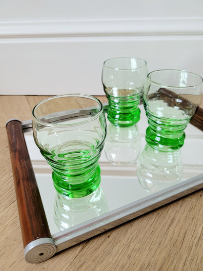 full view of bright green art deco drinking glasses on a mirror tray 6pc
