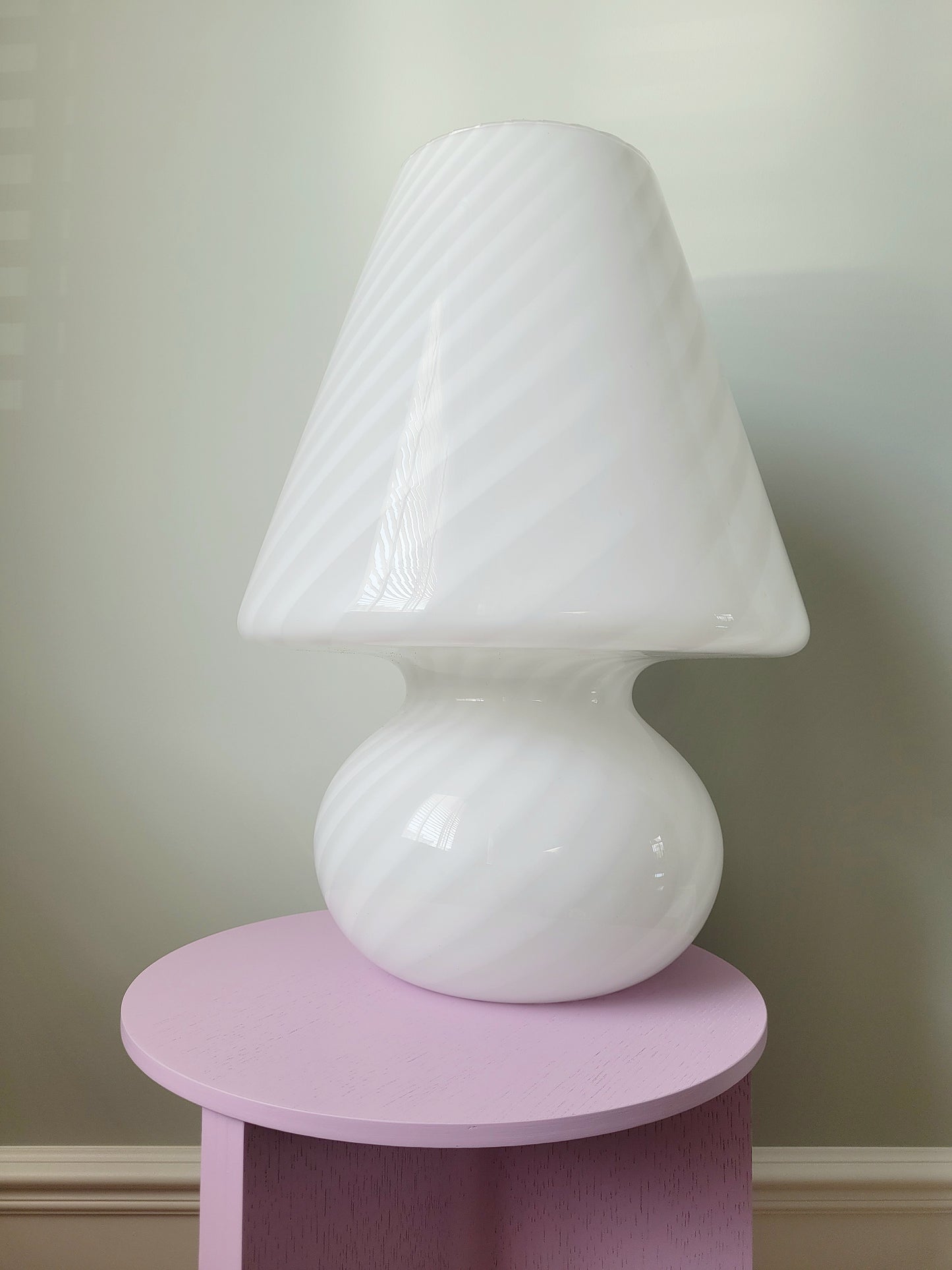 front view of an extra large vintage Murano white swirl mushroom lamp 
