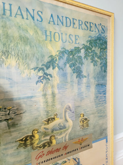 detail of a yellow framed authentic original vintage travel poster for the Hans Christian Andersen's House in Odense Denmark 