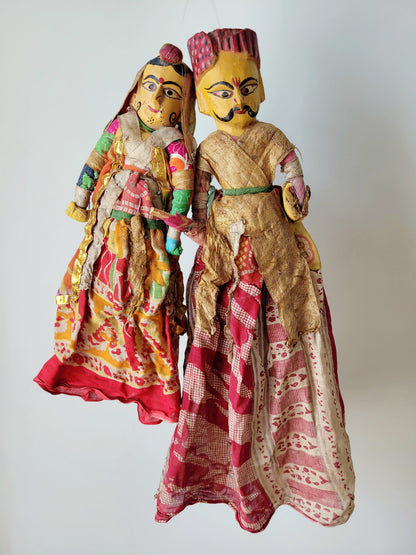 two vintage Asian textile puppet dolls in vibrant colours