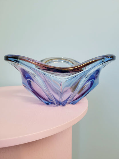 full view of a unique blue and pink glass bowl 