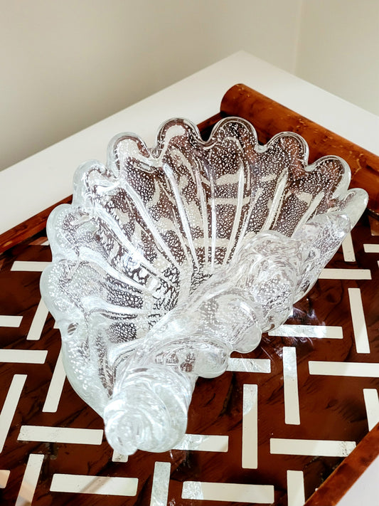 top view of a vintage clear and silver Murano bowl in shell shape 