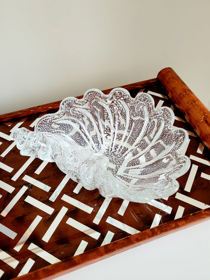 top view of a vintage clear and silver Murano bowl in shell shape 