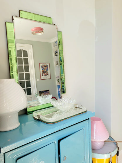 full view of an Art Deco green glass wall mirror
