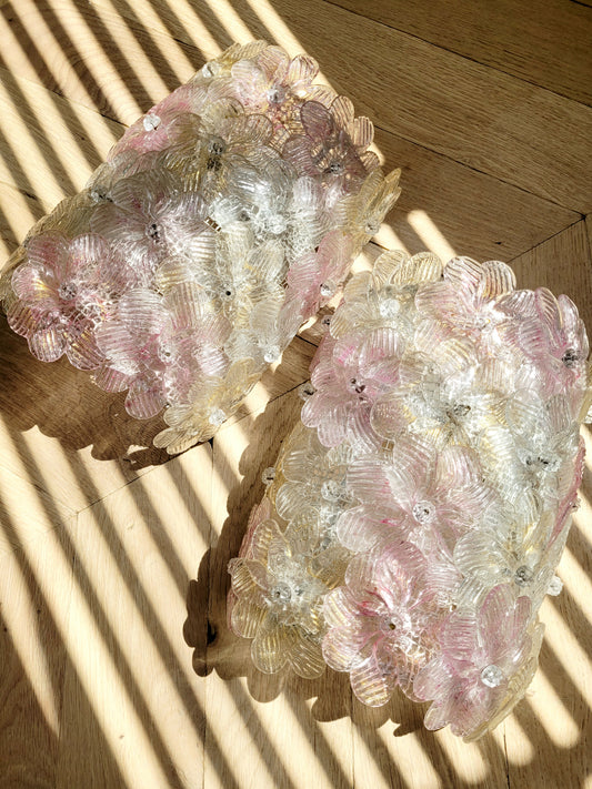 full view of a pair of vintage Murano glass flower wall lights with pink, clear and golden petals