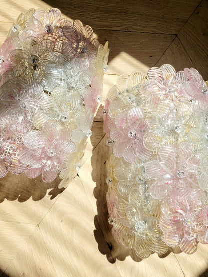 full view of a pair of vintage Murano glass flower wall lights with pink, clear and golden petals